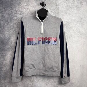 Tommy Hilfiger Men's 1/4 Zip Pullover Kangaroo Pocket Spellout Gray Medium